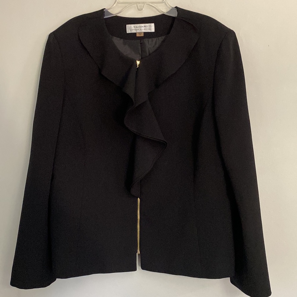 TAHARI Arthur S. Levine you omens black ruffle gold zipper blazer size 18 - Picture 1 of 9